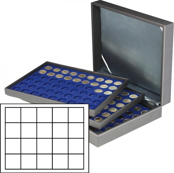 Münzkassette NERA XL mit 3 Tableaus und dunkelblauen Münzeinlagen mit 60 quadratischen Fächern für Münzen/Münzkapseln bis Ø 47 m