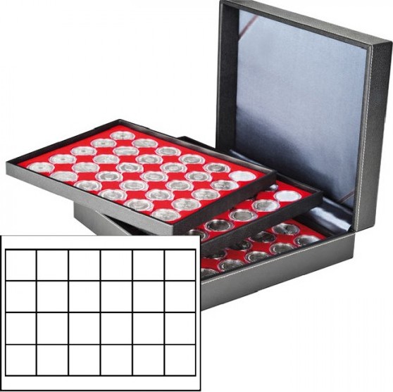 Münzkassette NERA XL mit 3 Tableaus und hellroten Münzeinlagen mit 72 quadratischen Fächern für Münzen/Münzkapseln bis Ø 42 mm