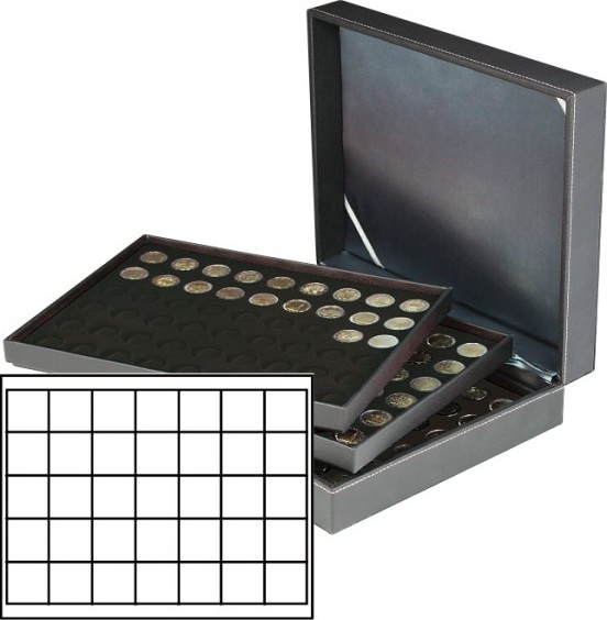 Münzkassette NERA XL mit 3 Tableaus und schwarzen Münzeinlagen mit 105 quadratischen Fächern für Münzen/Münzkapseln bis Ø 36 mm