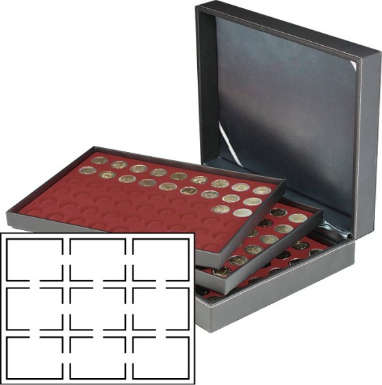 Münzkassette NERA XL mit 3 Tableaus und dunkelroten Münzeinlagen für 27 US-Münzkapseln (Slabs) bis zu einem Format von 63x85 mm