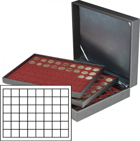 Münzkassette NERA XL mit 3 Tableaus und dunkelroten Münzeinlagen mit 144 quadratischen Fächern für Münzen/Münzkapseln bis Ø 30 m