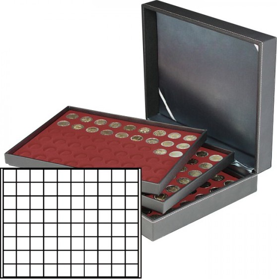 Münzkassette NERA XL mit 3 Tableaus und dunkelroten Münzeinlagen mit 240 quadratischen Fächern für Münzen/Münzkapseln bis Ø 24 m