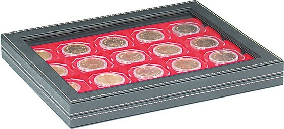Münzkassette NERA M PLUS mit hellroter Münzeinlage für 20 Münzrähmchen 50x50 mm/Münzkapseln CARRÉE/OCTO Münzkapseln