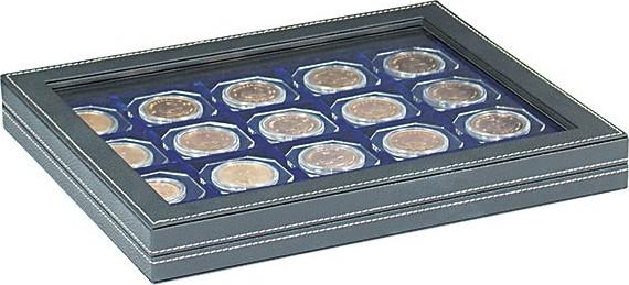 Münzkassette NERA M PLUS mit dunkelblauer Münzeinlage für 20 Münzrähmchen 50x50 mm/Münzkapseln CARRÉE/OCTO Münzkapseln