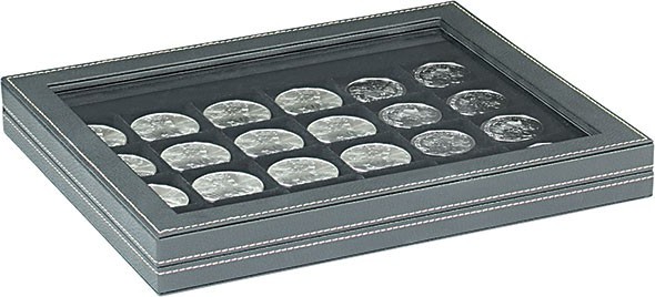 Münzkassette NERA M PLUS mit schwarzer Münzeinlage mit 24 quadratischen Fächern für Münzen/Münzkapseln bis Ø 42 mm