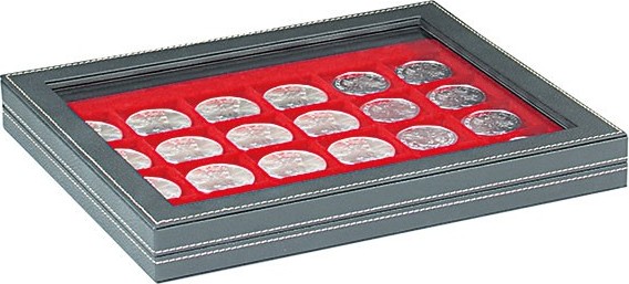 Münzkassette NERA M PLUS mit hellroter Münzeinlage mit 24 quadratischen Fächern für Münzen/Münzkapseln bis Ø 42 mm