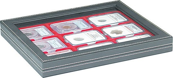Münzkassette NERA M PLUS mit hellroter Münzeinlage für 9 US-Münzkapseln (Slabs) bis zu einem Format von 63x85 mm