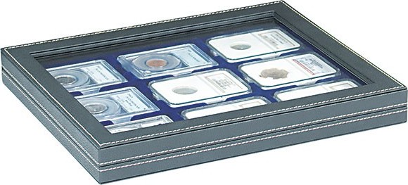 Münzkassette NERA M PLUS mit dunkelblauer Münzeinlage für 9 US-Münzkapseln (Slabs) bis zu einem Format von 63x85 mm