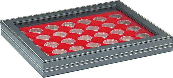 Münzkassette NERA M PLUS mit hellroter Münzeinlage mit 35 runden Vertiefungen für Münzkapseln mit Außen-Ø 32 mm, z.B. für 2 Euro