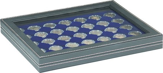 Münzkassette NERA M PLUS mit dunkelblauer Münzeinlage mit 35 runden Vertiefungen für Münzkapseln mit Außen-Ø 32 mm, z.B. für 2 E