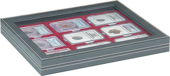 Münzkassette NERA M PLUS mit dunkelroter Münzeinlage für 9 US-Münzkapseln (Slabs) bis zu einem Format von 63x85 mm
