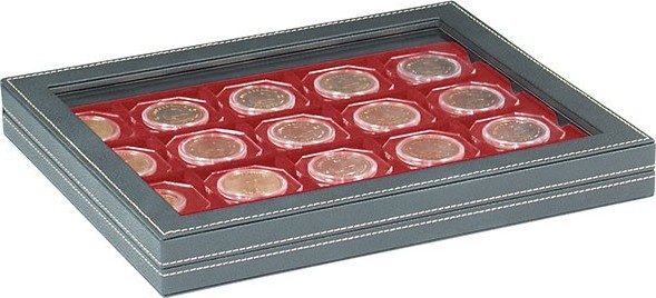Münzkassette NERA M PLUS mit dunkelroter Münzeinlage für 20 Münzrähmchen 50x50 mm/Münzkapseln CARRÉE/OCTO Münzkapseln