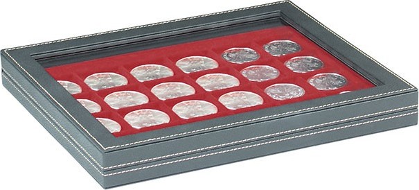 Münzkassette NERA M PLUS mit dunkelroter Münzeinlage mit 24 quadratischen Fächern für Münzen/Münzkapseln bis Ø 42 mm