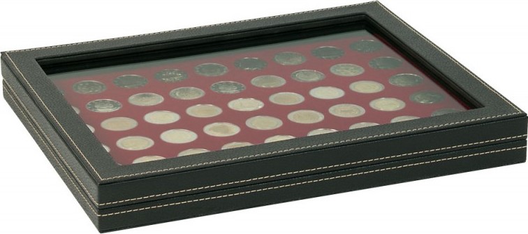 Münzkassette NERA M PLUS mit dunkelroter Münzeinlage mit 54 runden Vertiefungen für Münzen mit Ø 25,75 mm, z.B. für 2 Euro-Münze