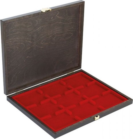LINDNER Echtholz-Münzkassette CARUS-1 mit einer dunkelroten Münzeinlage für 9 US-Münzkapseln (Slabs) bis zu einem Format von 63