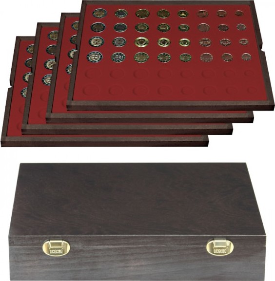 Echtholzkassette CARUS mit 4 Tableaus für 24 Euro-Kursmünzensätze