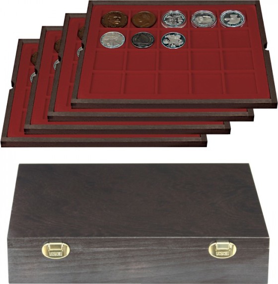 Echtholzkassette CARUS mit 4 Tableaus für 80 Münzen/Münzkapseln bis Ø 47 mm