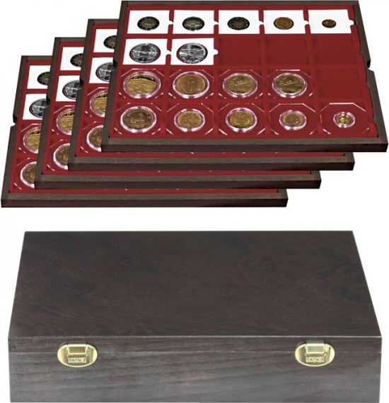 Echtholzkassette CARUS für 80 Münzrähmchen 50x50 mm/Münzkapseln CARRÉE/OCTO Münzkapseln