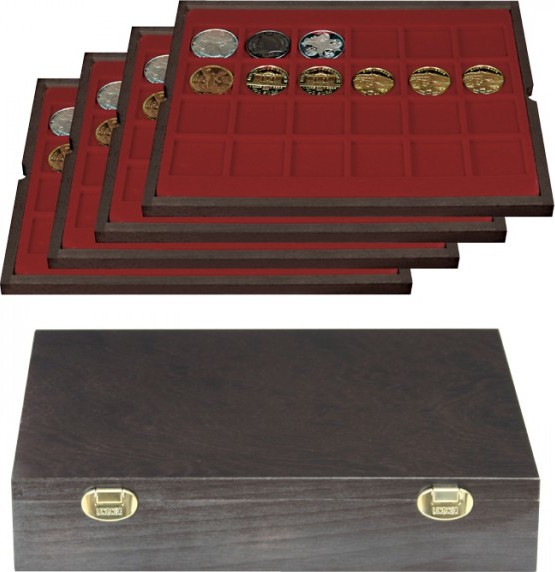 Echtholzkassette CARUS mit 4 Tableaus für 96 Münzen/Münzkapseln bis Ø 42 mm