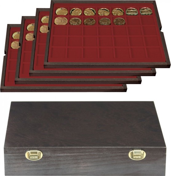 Echtholzkassette CARUS mit 4 Tableaus für 140 Münzen/Münzkapseln bis Ø 36 mm