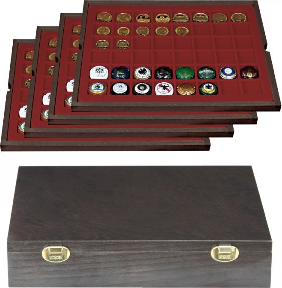 Echtholzkassette CARUS mit 4 Tableaus für 192 Münzen/Münzkapseln bis Ø 30 mm oder Champagner-Kapseln
