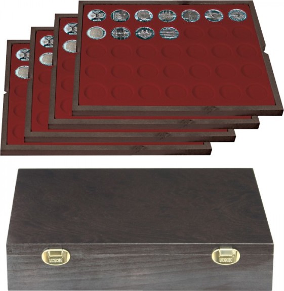 Echtholzkassette CARUS mit 4 Tableaus für 140 Münzen mit Ø 32,5 mm, z.B. für deutsche 20 Euro- bzw. 10 Euro-Silbermünzen