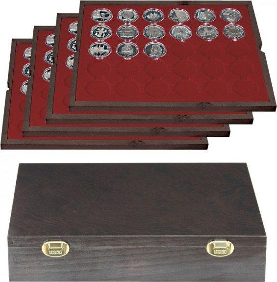 Echtholzkassette CARUS mit 4 Tableaus für 120 Münzkapseln mit Außen-Ø 39 mm, z.B. für deutsche 20 Euro-/10 Euro-Silbermünzen in