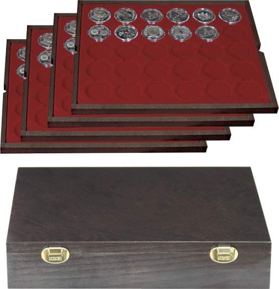 Echtholzkassette CARUS mit 4 Tableaus für 120 Münzkapseln mit Außen-Ø 37 mm, z.B. für orig. verkapselte deutsche 20 Euro-/10 Eur