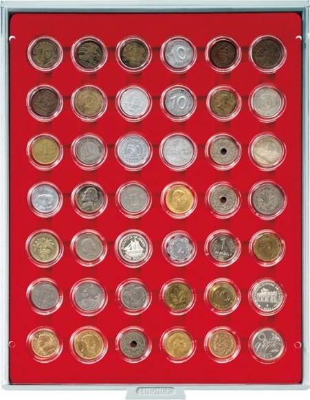 Velourseinlage, hellrot, mit 42 runden Vertiefungen für Münzkapseln mit Außen-Ø 29,5 mm