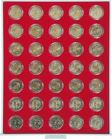 Velourseinlage, hellrot, mit 35 runden Vertiefungen für Münzkapseln mit Außen-Ø32 mm, z.B. für 2 Euro-Münzen in LINDNER Münzkaps