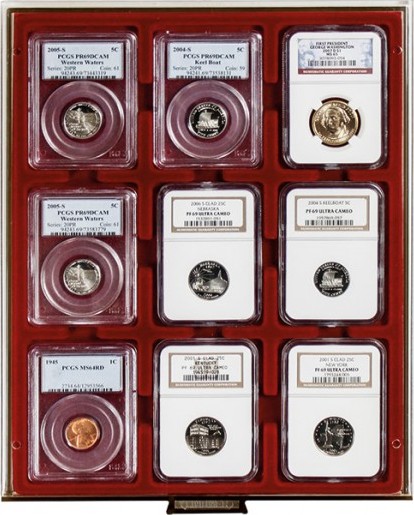 Velourseinlage, dunkelrot, für 9 US-Münzkapseln (Slabs) bis zu einem Format von 63x85 mm