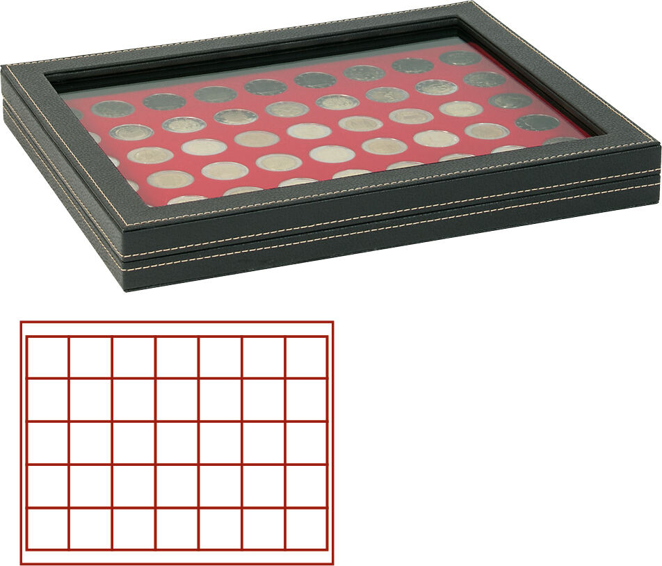 Münzkassette NERA M PLUS mit hellroter Münzeinlage mit 35 quadratischen Fächern für Münzen/Münzkapseln bis Ø 36 mm