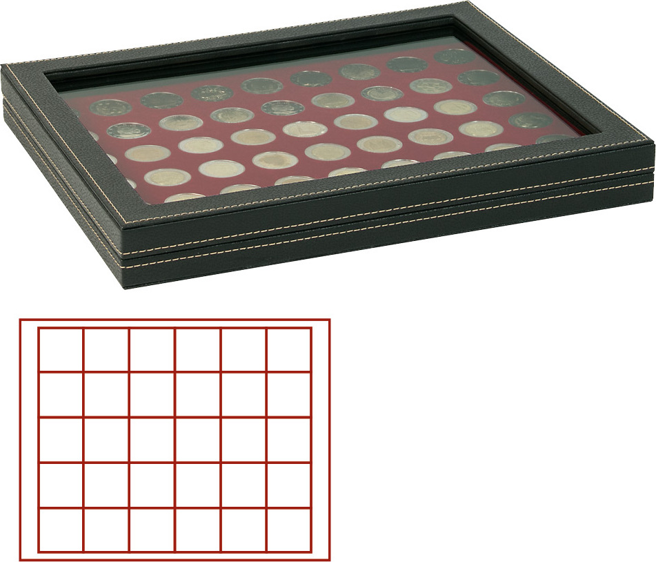 Münzkassette NERA M PLUS mit dunkelroter Münzeinlage mit 30 quadratischen Fächern für Münzen/Münzkapseln bis Ø 38 mm