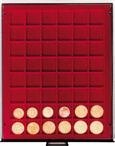 Velourseinlage, dunkelrot, mit 48 quadratischen Fächern für Münzen/Münzkapseln bis Ø30 mm