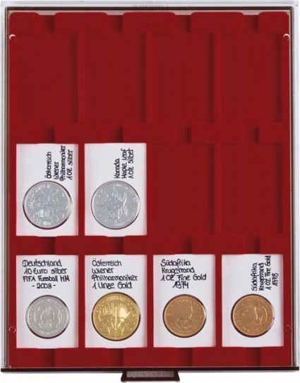 Velourseinlage, dunkelrot, mit 12 rechteckigen Fächern für REBECK COIN L Münzrähmchen 75x50 mm