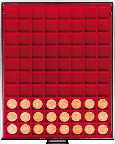 Velourseinlage, dunkelrot, mit 80 quadratischen Fächern für Münzen/Münzkapseln bis Ø24 mm