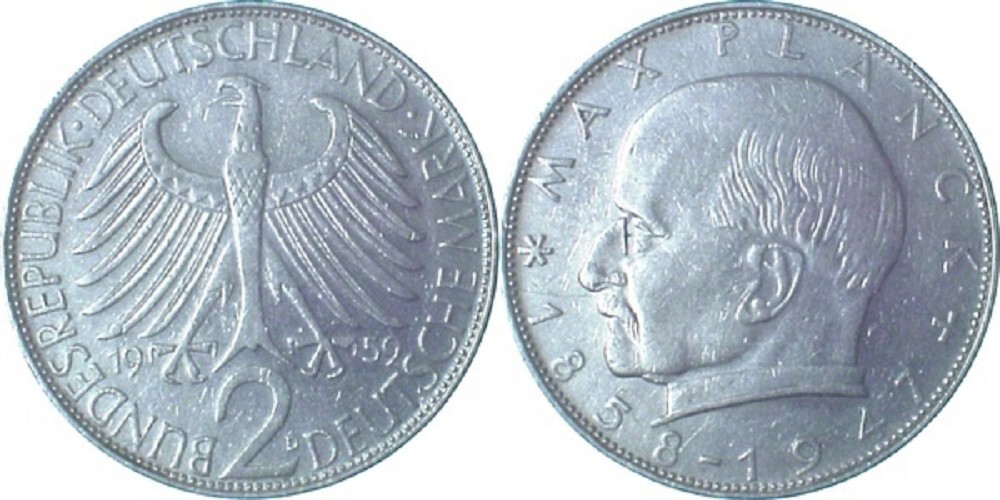 2 Mark 1959 2 DM Max Planck 1959 D magnetisch RAR J 392 sehr schön/vorzüglich