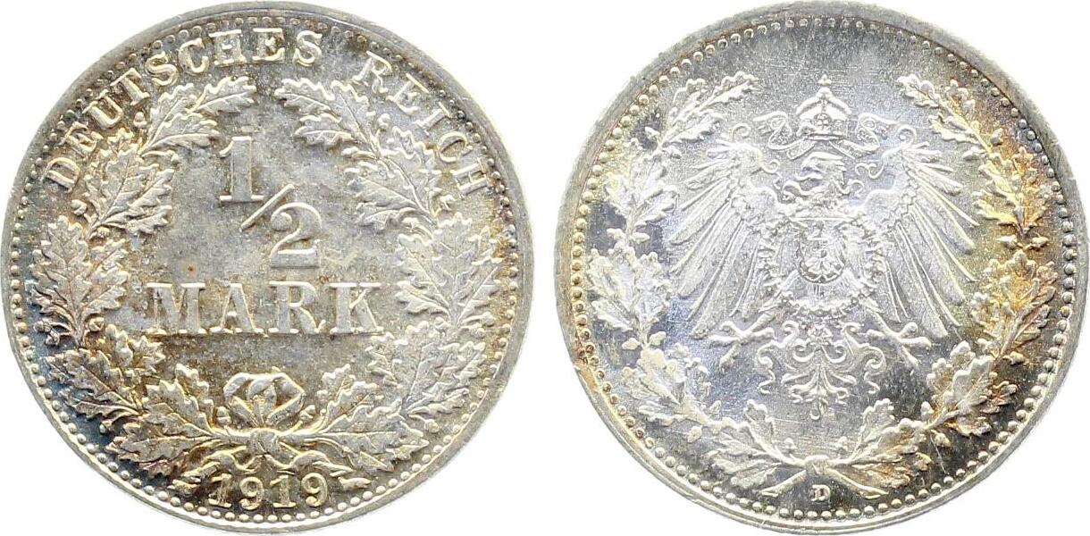 1/2 Mark 1919 1/2 Mark 1919 D prfr/st schöne Patina J 016 prägefrisch / stempelglanz