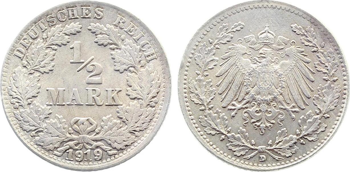 1/2 Mark 1919 Variante1/2 Mark 1919 D prfr Münzzeichen doppelt! J 016 prägefrisch