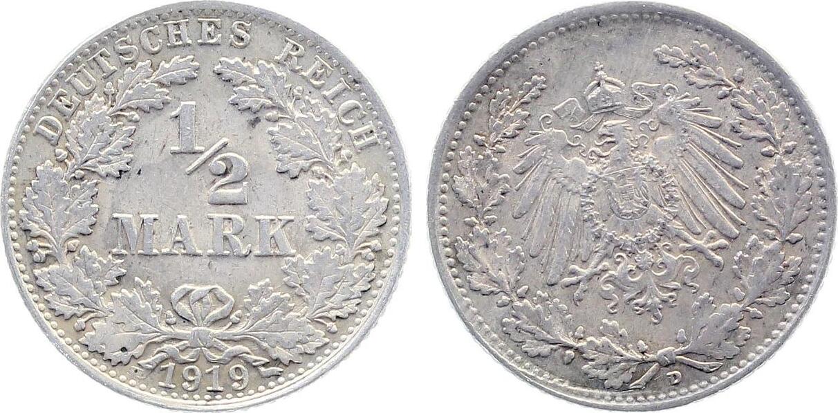 1/2 Mark 1919 Fehlprägung 1/2 Mark 1919 D Stempeldrehung ca. 340° vorzüglich/stempelglanz