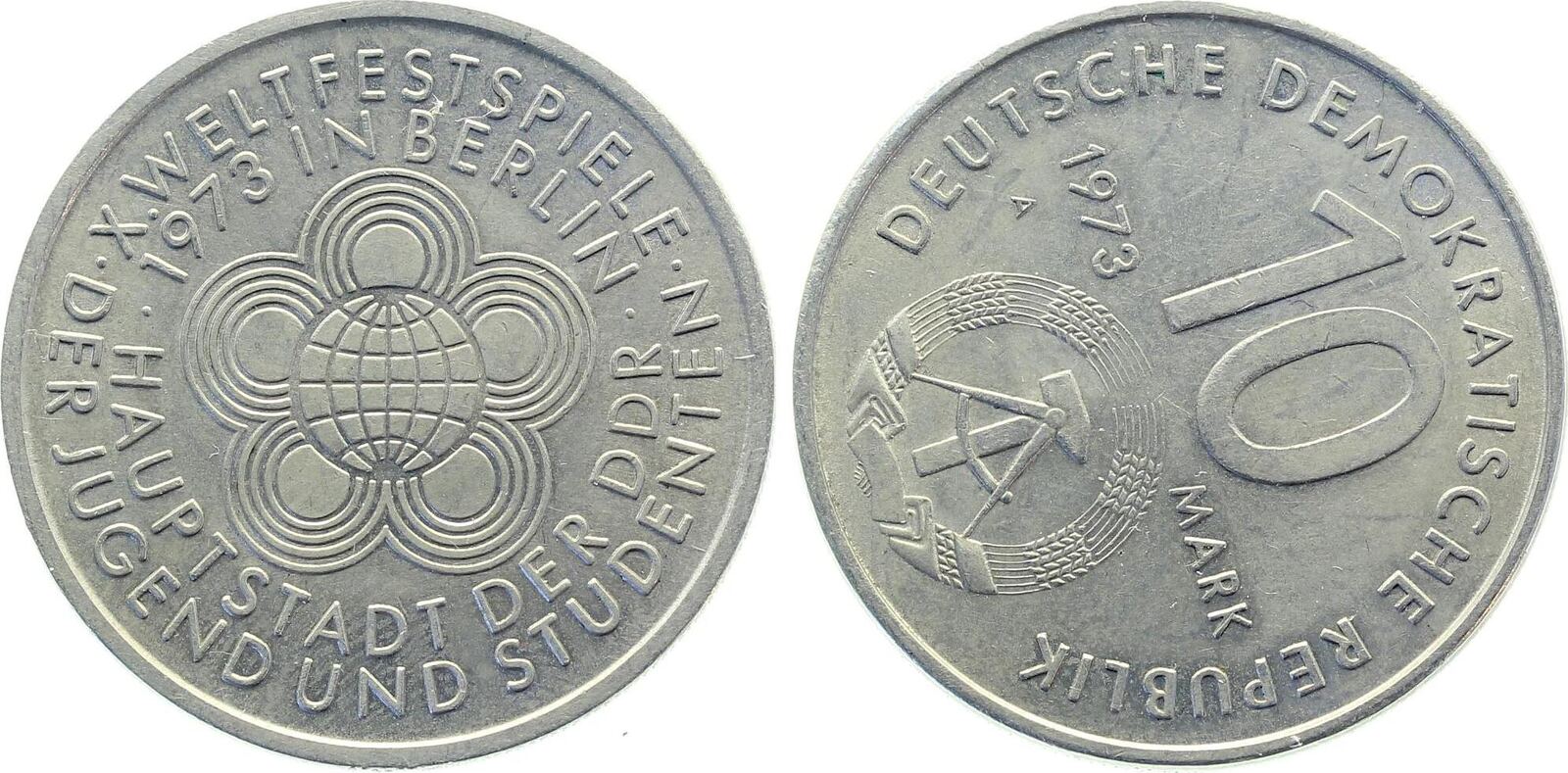 10 Mark 1973 Fehlprägung 10 Mark DDR Stempeldrehung 70° Weltfestspiele bankfrisch / stempelglanz