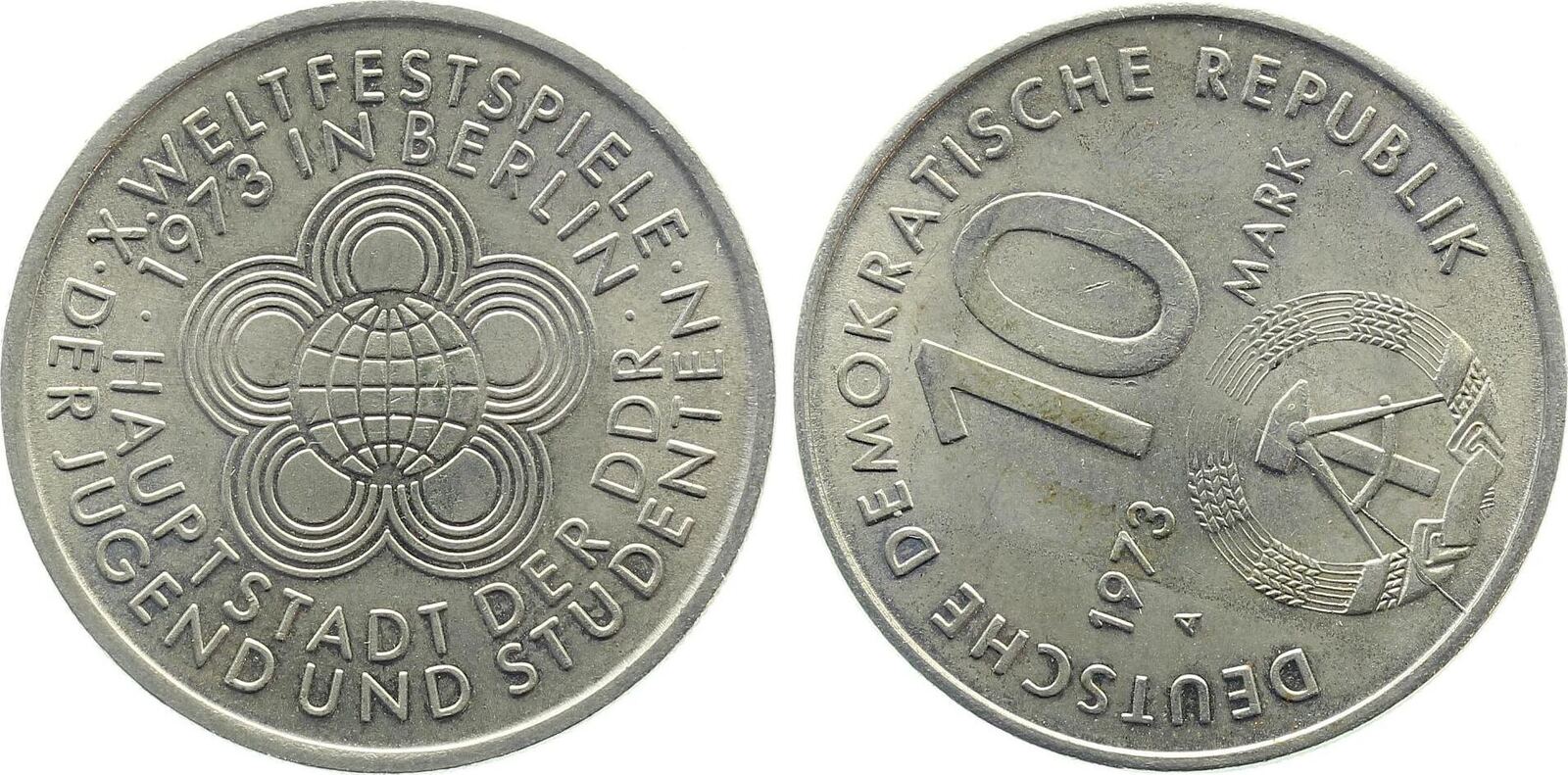 10 Mark 1973 Fehlprägung 10 Mark DDR Stempeldrehung 290° Weltfestspiele vorzüglich/stempelglanz