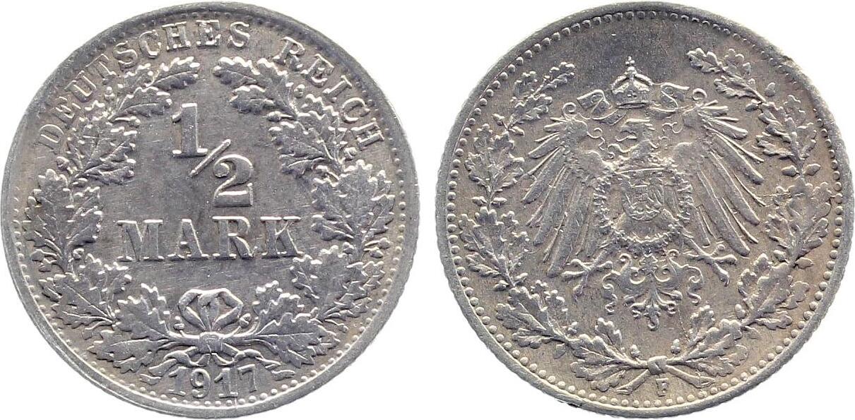 1/2 Mark 1917 1/2 Mark 1917 F f prfr leichte Patina J 016 fast prägefrisch