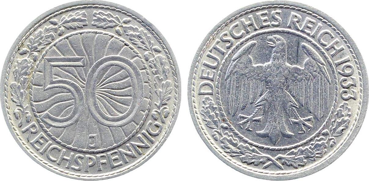 50 Pfennig 1933 50 Reichspfennig 1933 J ss/vz min Randfehler J 324 sehr schön/vorzüglich