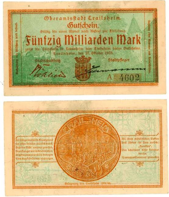 50 Milliarden Mark 1923 50 Milliarden Mark Crailsheim 1923 Notgeld grün fast druckfrisch