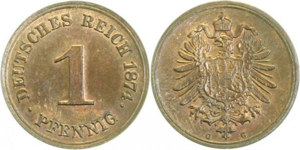 1 Pfennig 1874 1 Pfennig 1874G J 001 deutlicher Riffelrand ! prägefrisch