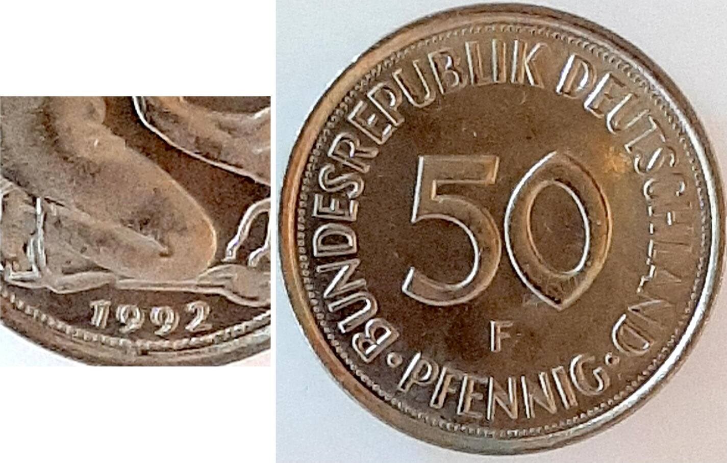 50 Pfennig 1992 Fehlprägung 50 Pfennig 1992F extrem doppelte Jahreszahl fast bankfrisch
