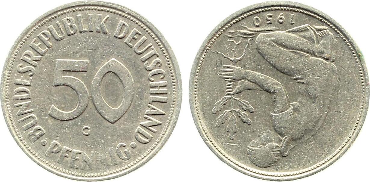 50 Pfennig 1950 Fehlprägung 50 Pfennig 1950 G Stempeldrehung 180° ss sehr schön