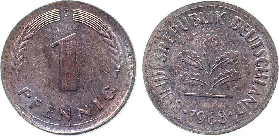 1 Pfennig 1968 Fehlprägung 1 Pfennig 1968 G ohne Ring geprägt stempelglanz