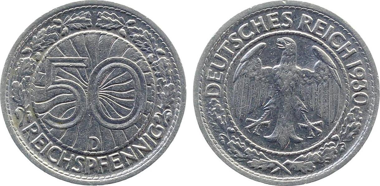 50 Reichspfennig 1930 50 Reichspfennig 1930 D vz/stgl J 324 vorzüglich/stempelglanz